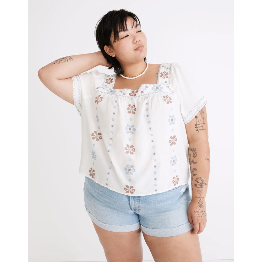 Madewell Plus Size Cross Stitch Top Linen Floral Blouse Embroidered Cottagecore